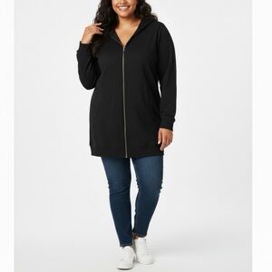 ELLOS Black French Terry Long Length Hoodie Full Zip Sweater Jacket L 18/20